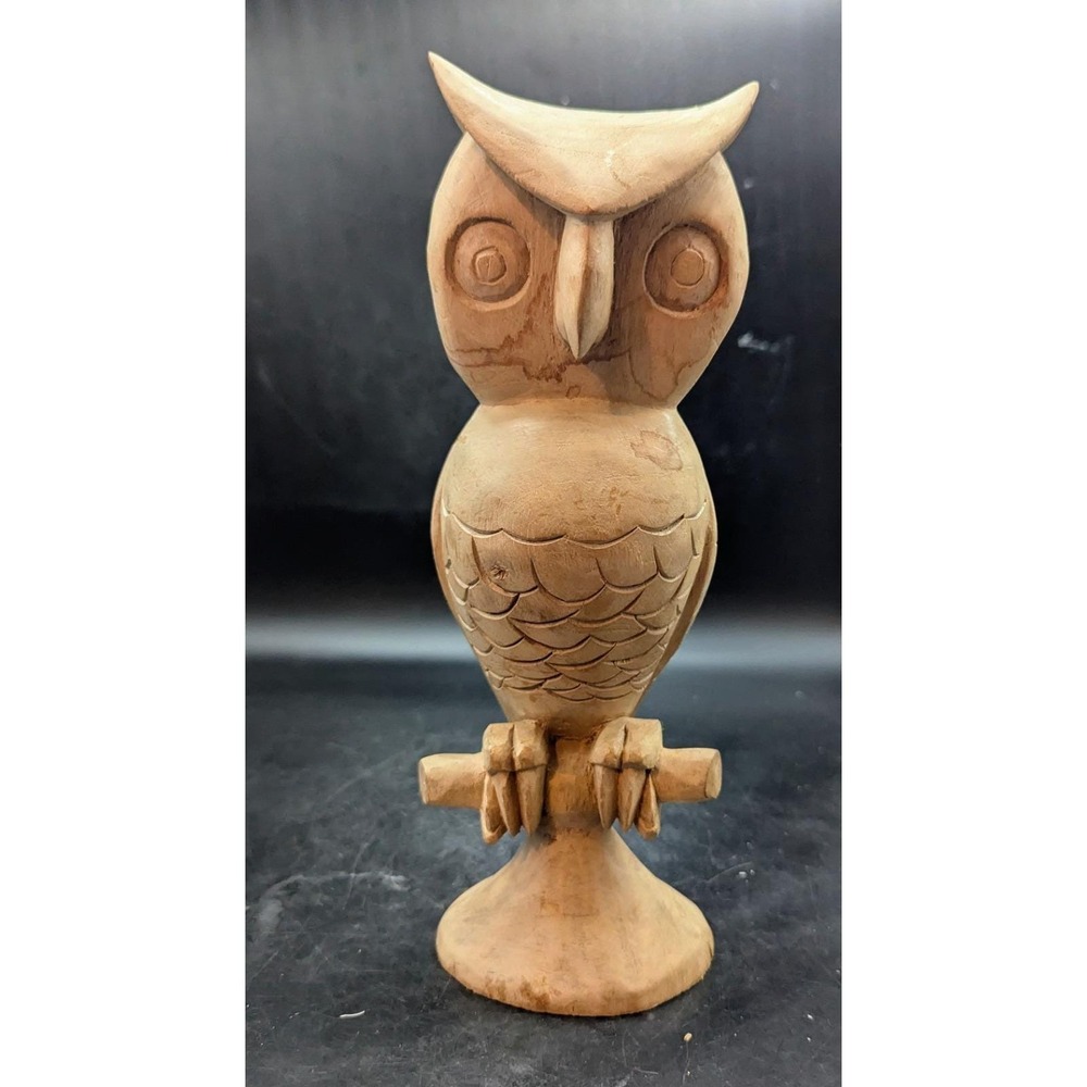 Vintage Hand Carved Natural Wood Owl Sculpture Figurine 11.5" Signed MCM